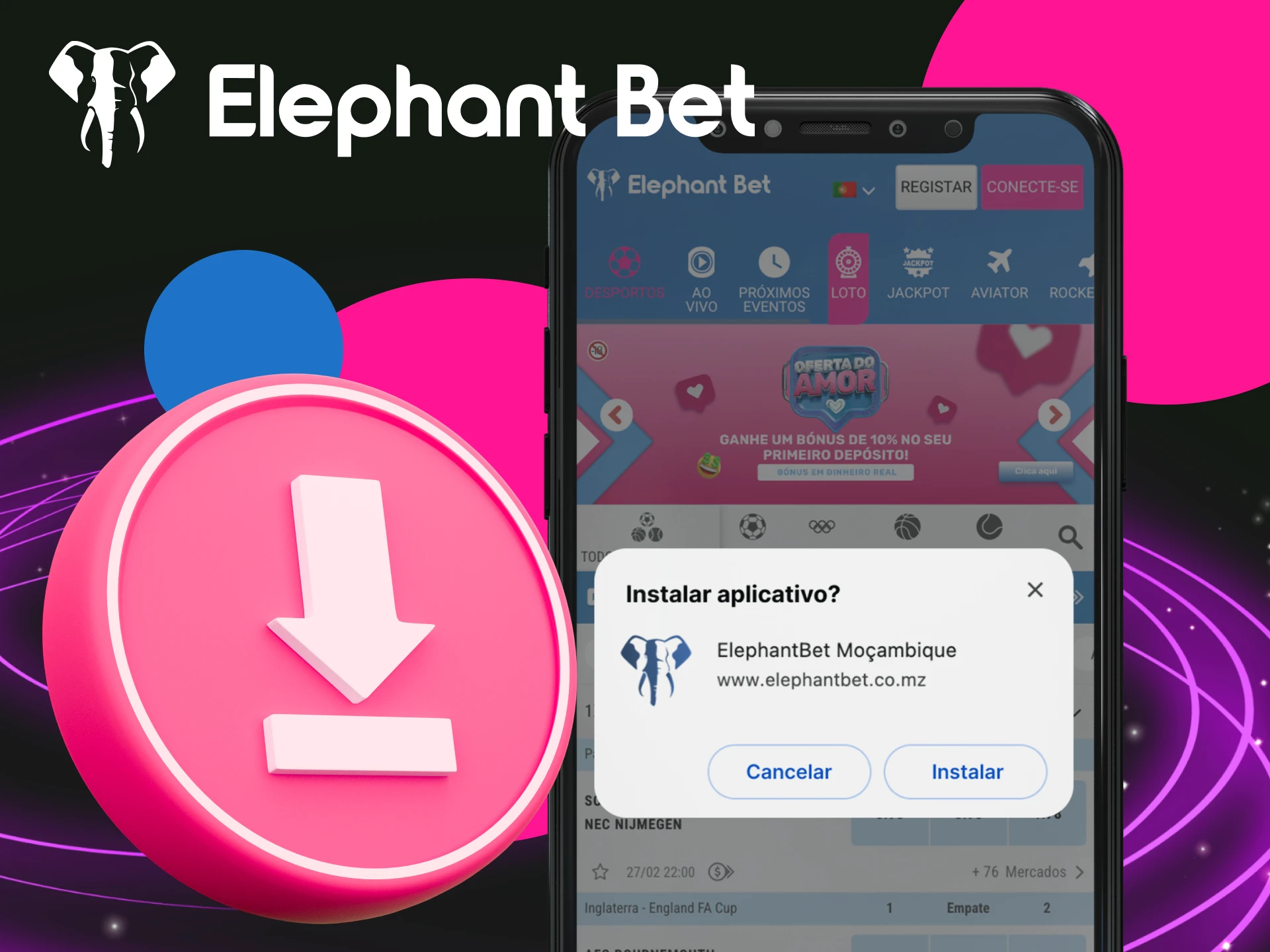 Instruções para instalar o aplicativo de cassino online Elephant Bet em telefones Android e iOS.