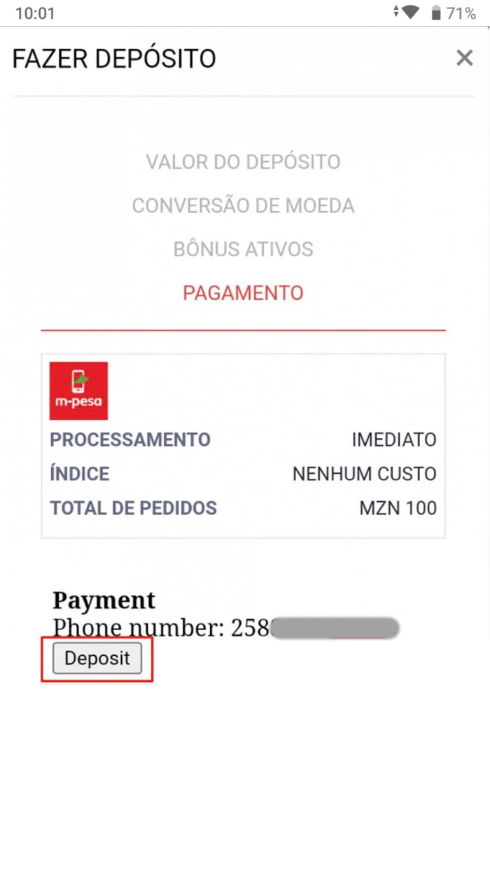 Preencha todos os campos para depositar dinheiro rapido na Elephant Bet MZ.