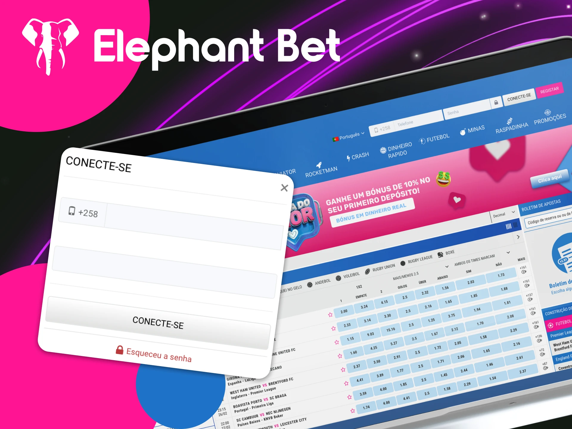 Instruções sobre como fazer login no site do cassino online Elephant Bet.