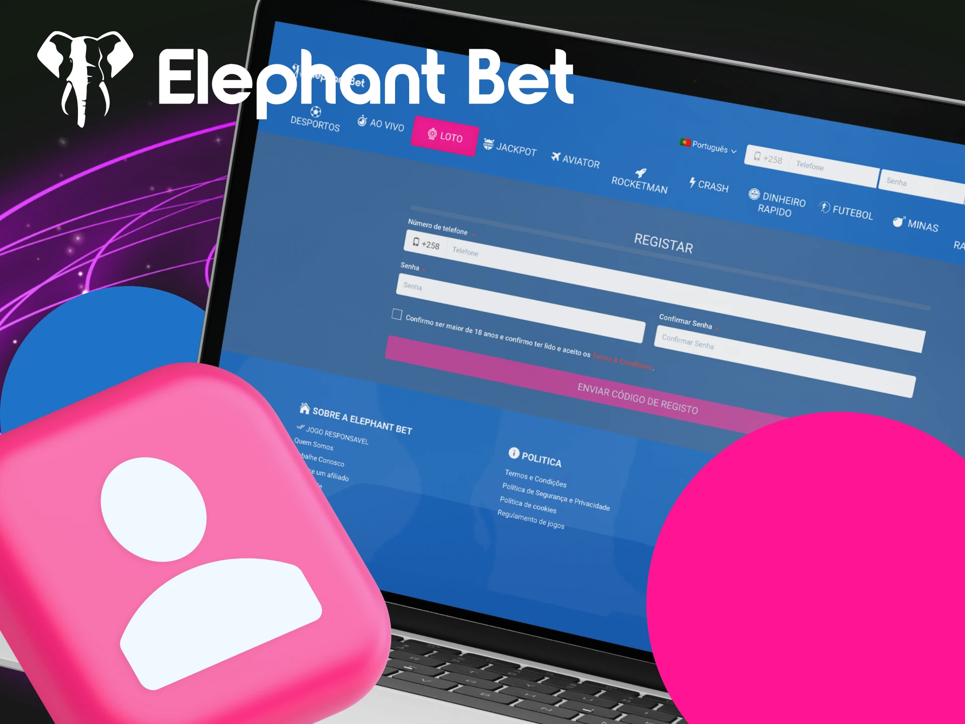Instruções sobre como se registrar no site do cassino online Elephant Bet.
