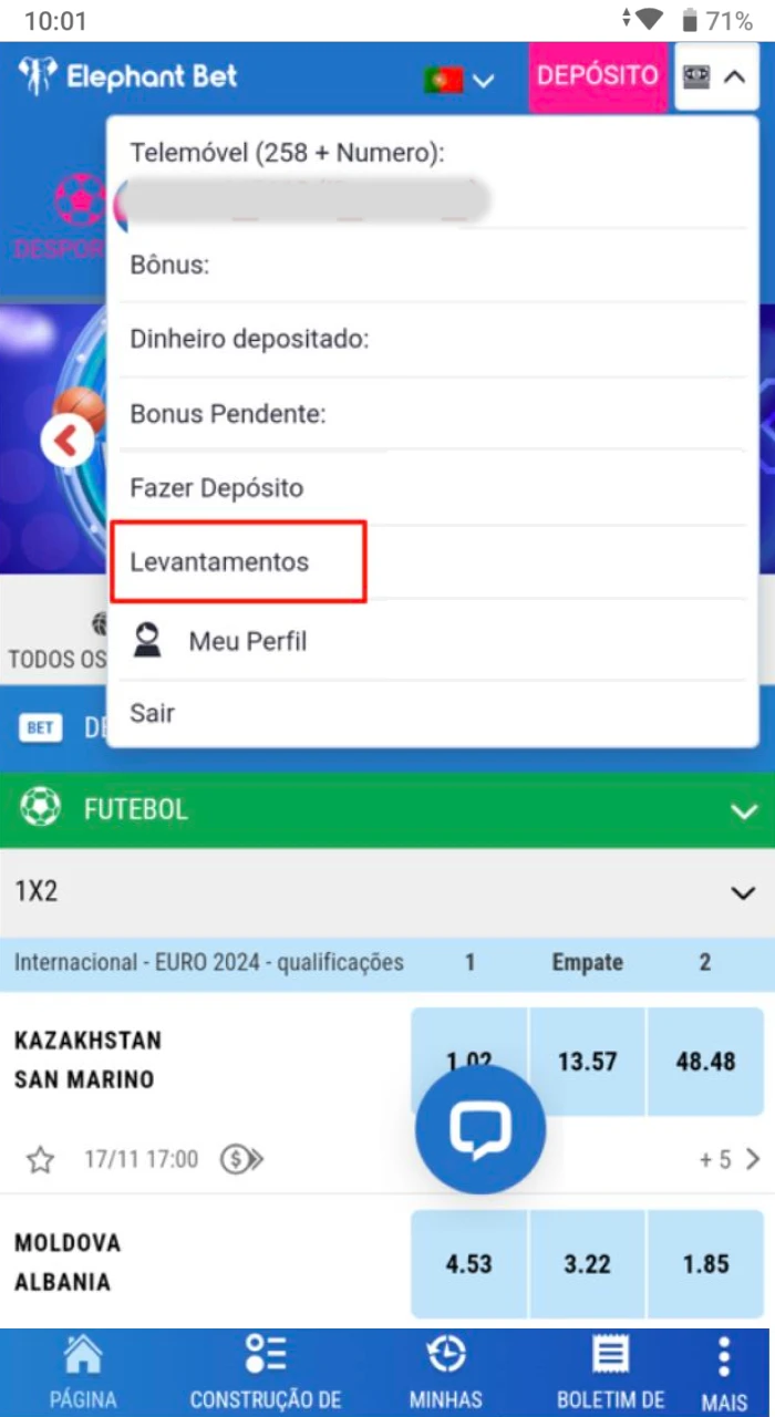 Ao lado do seu perfil Elephant Bet, seleccione a secção “Levantamento”.