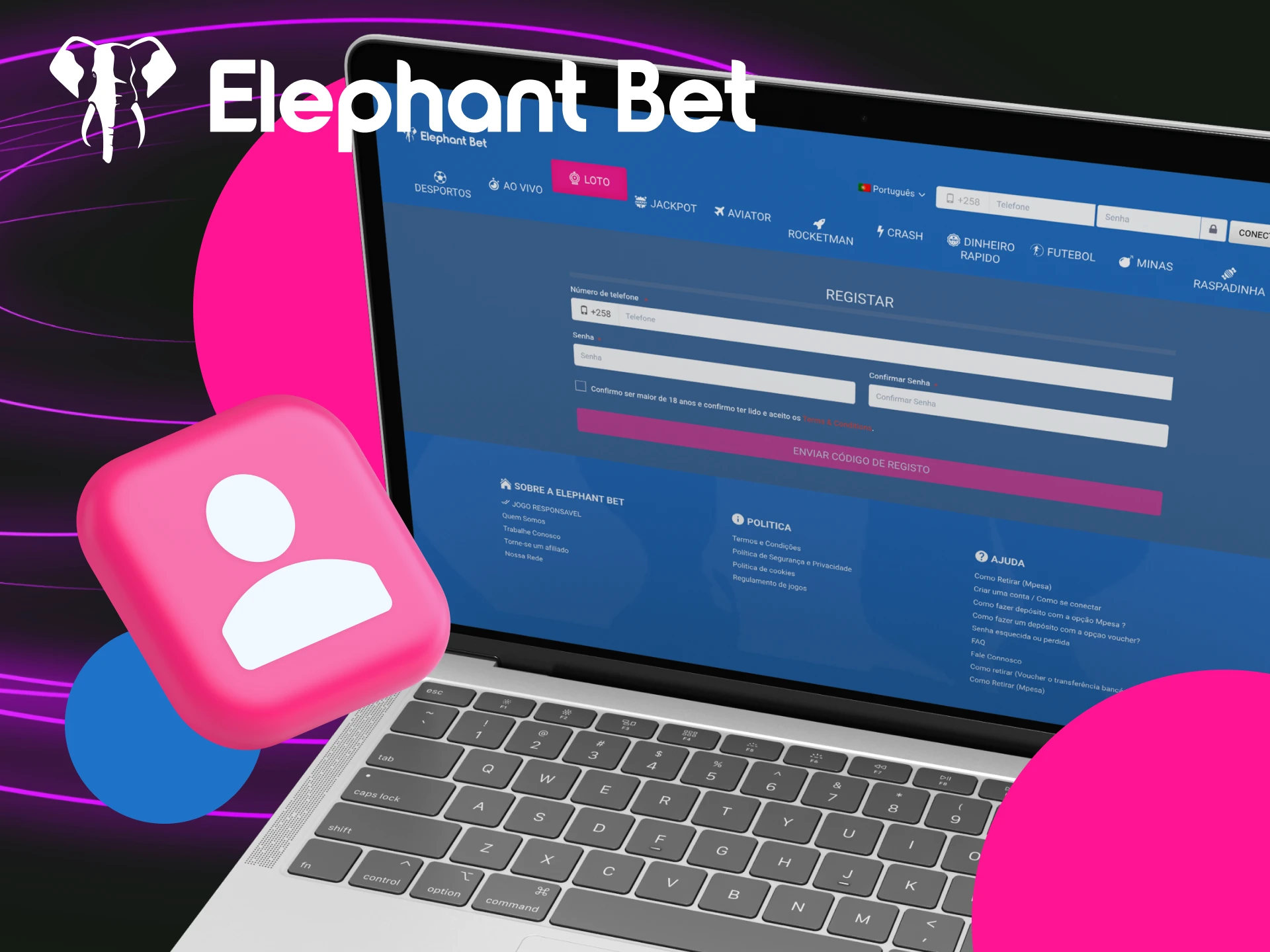 Instruções sobre como se registrar-se no Elephant Bet para jogar Aviator Moçambique.