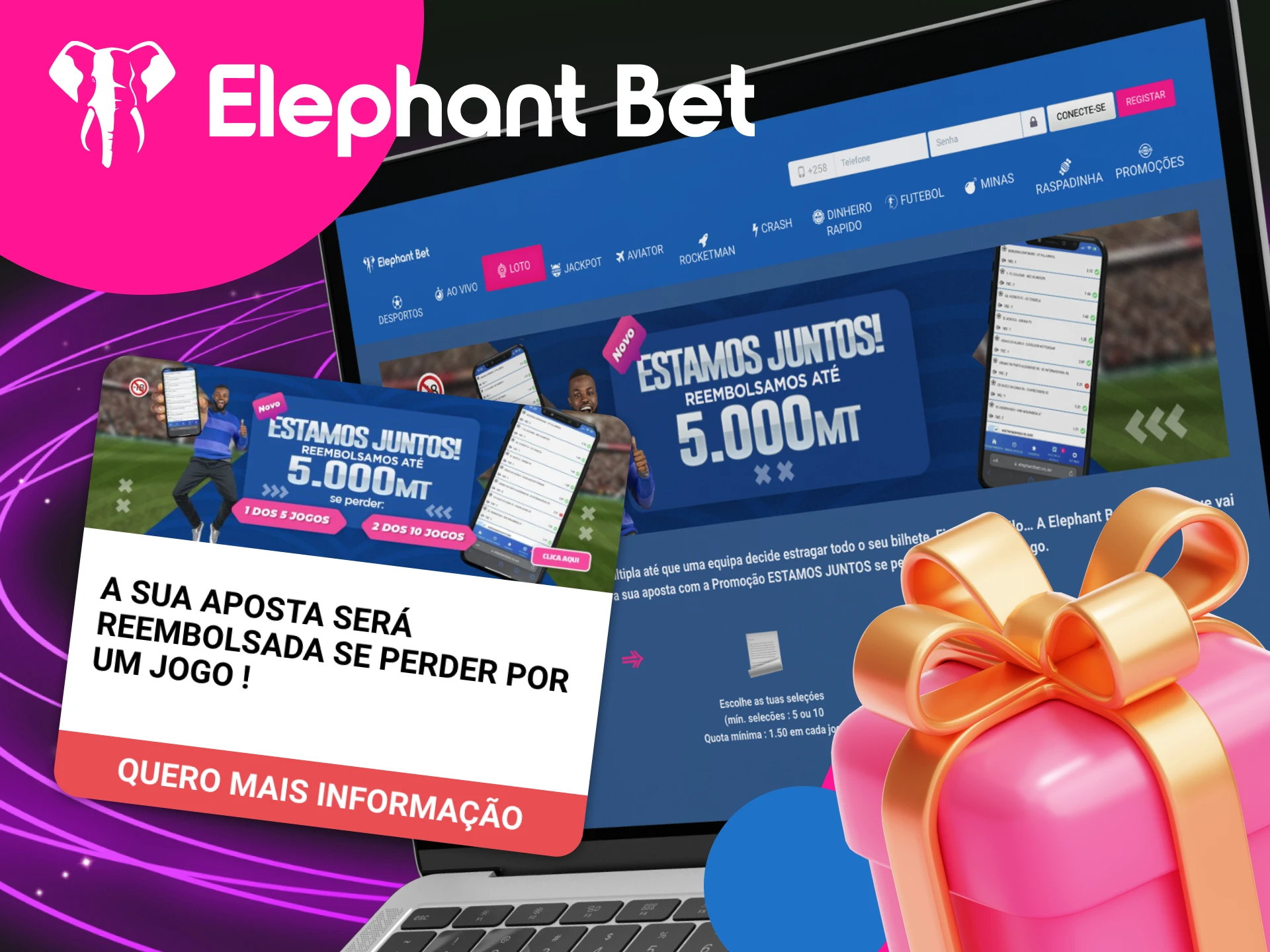 Receba o seu dinheiro de volta na forma de uma aposta grátis com o bónus Elephant Bet Estamos Juntos.