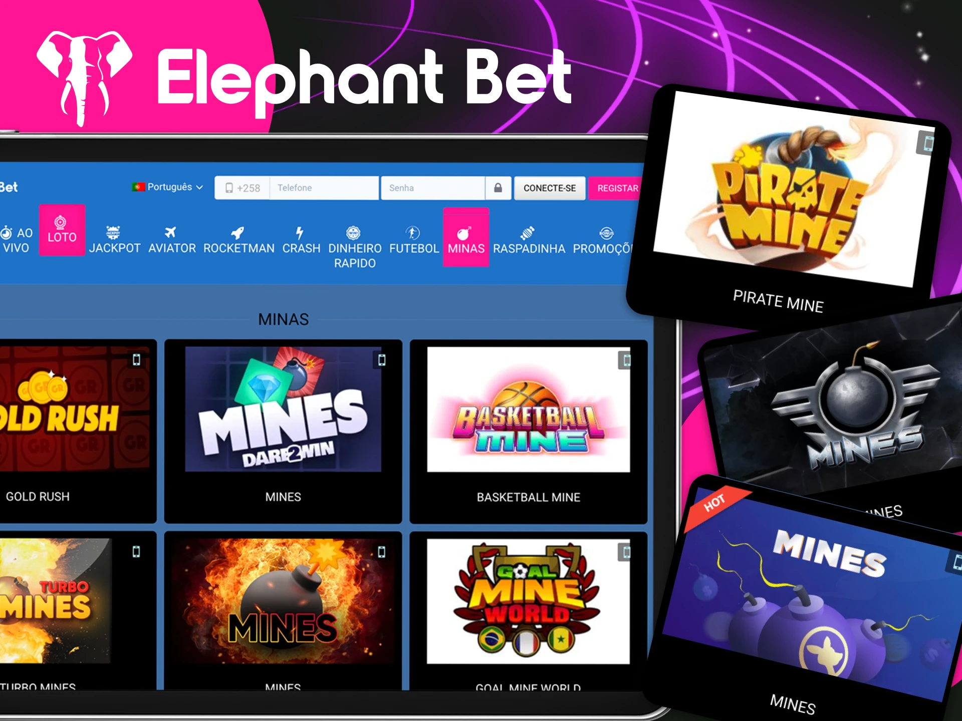 Uma grande seleção de jogos está disponível na secção MINES do website do Elephant Bet cassino.