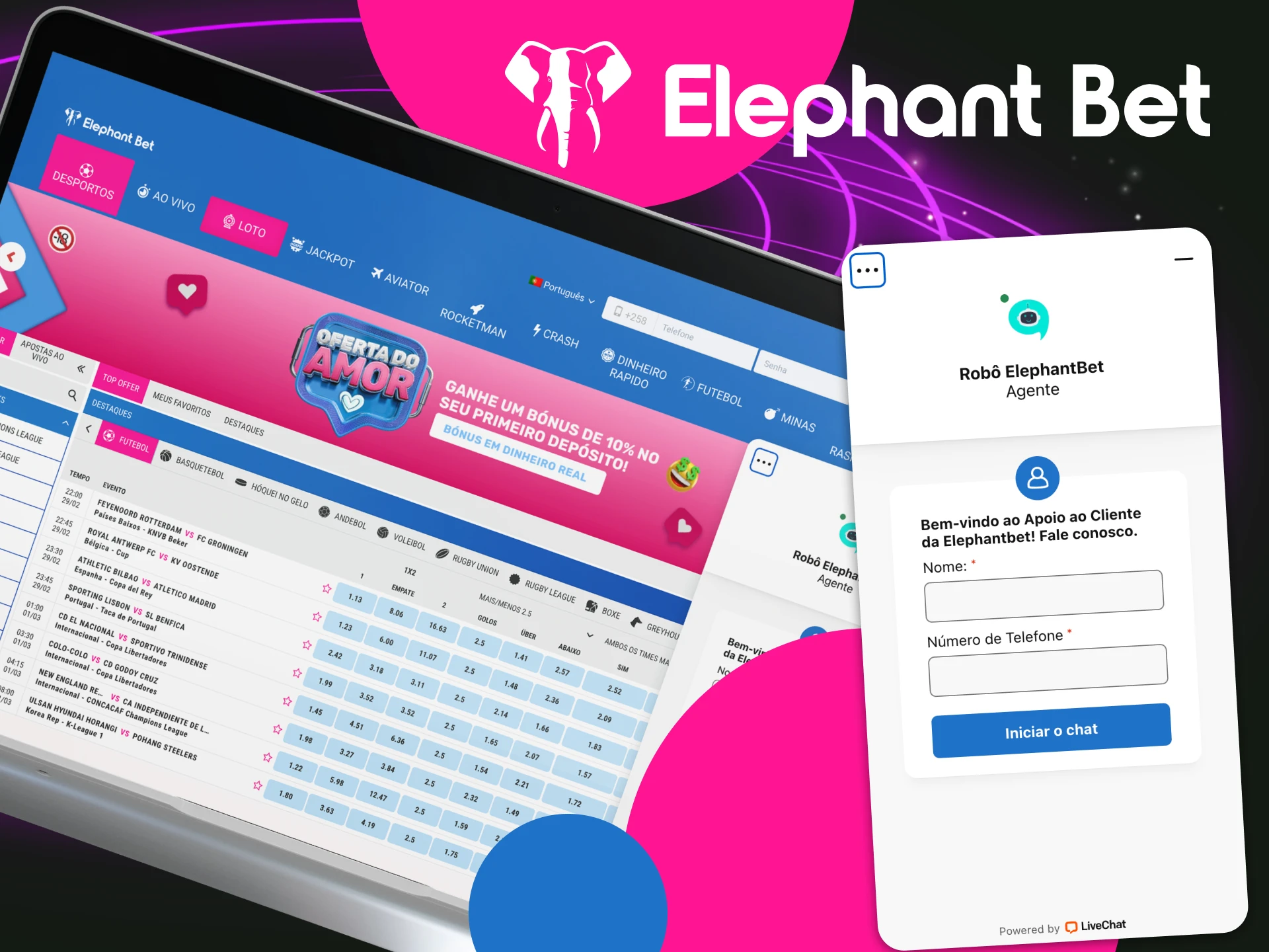 Que perguntas posso fazer no chat online do serviço de suporte do site do casino online Elephant Bet.