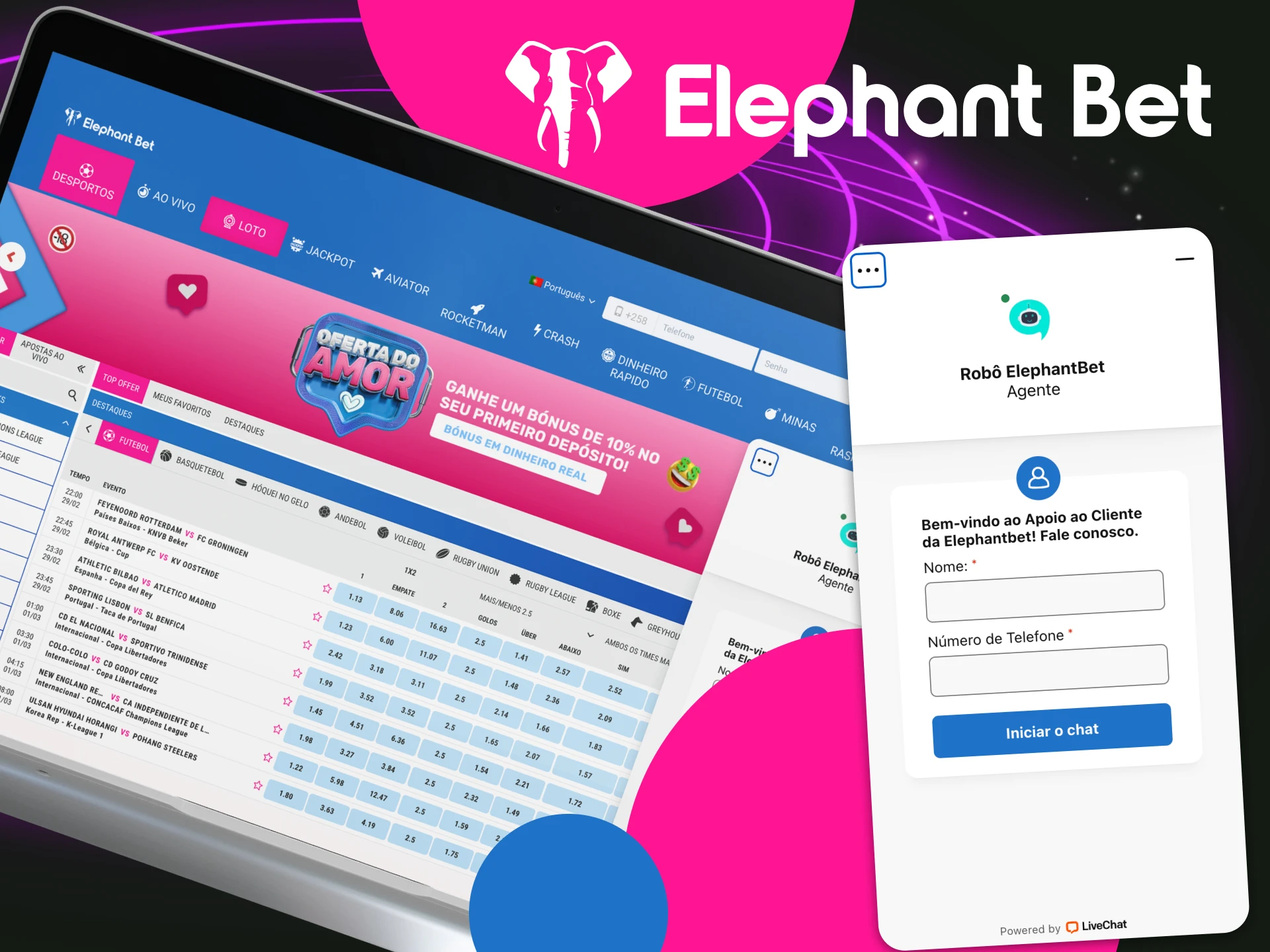 Perguntas sobre as quais pode contactar a sala de chat de apoio da Elephant Bet