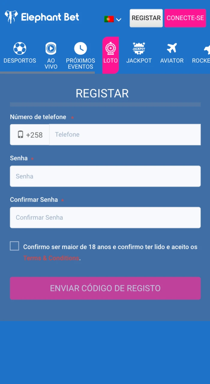 Formulário de registo na app Elephant Bet.