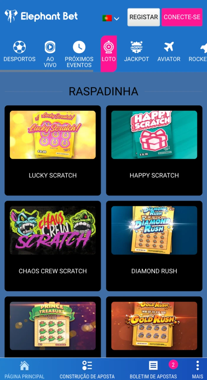 Jogos de casino na app Elephant Bet.