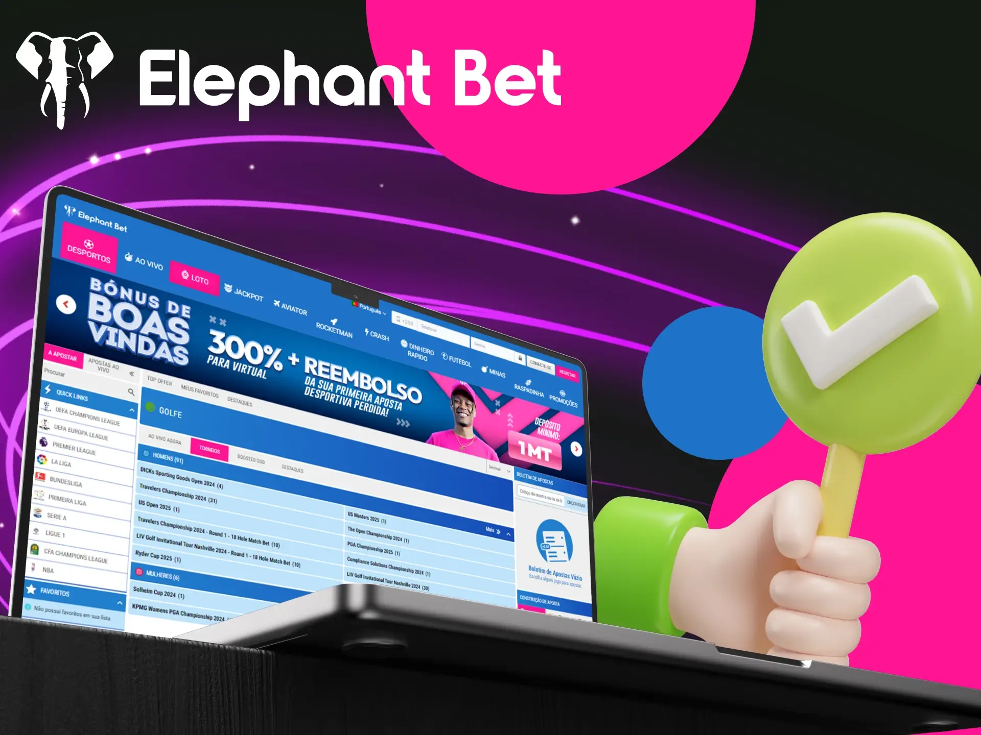 Quais sao as vantagens de apostar no golfe no casino online Elephant Bet.