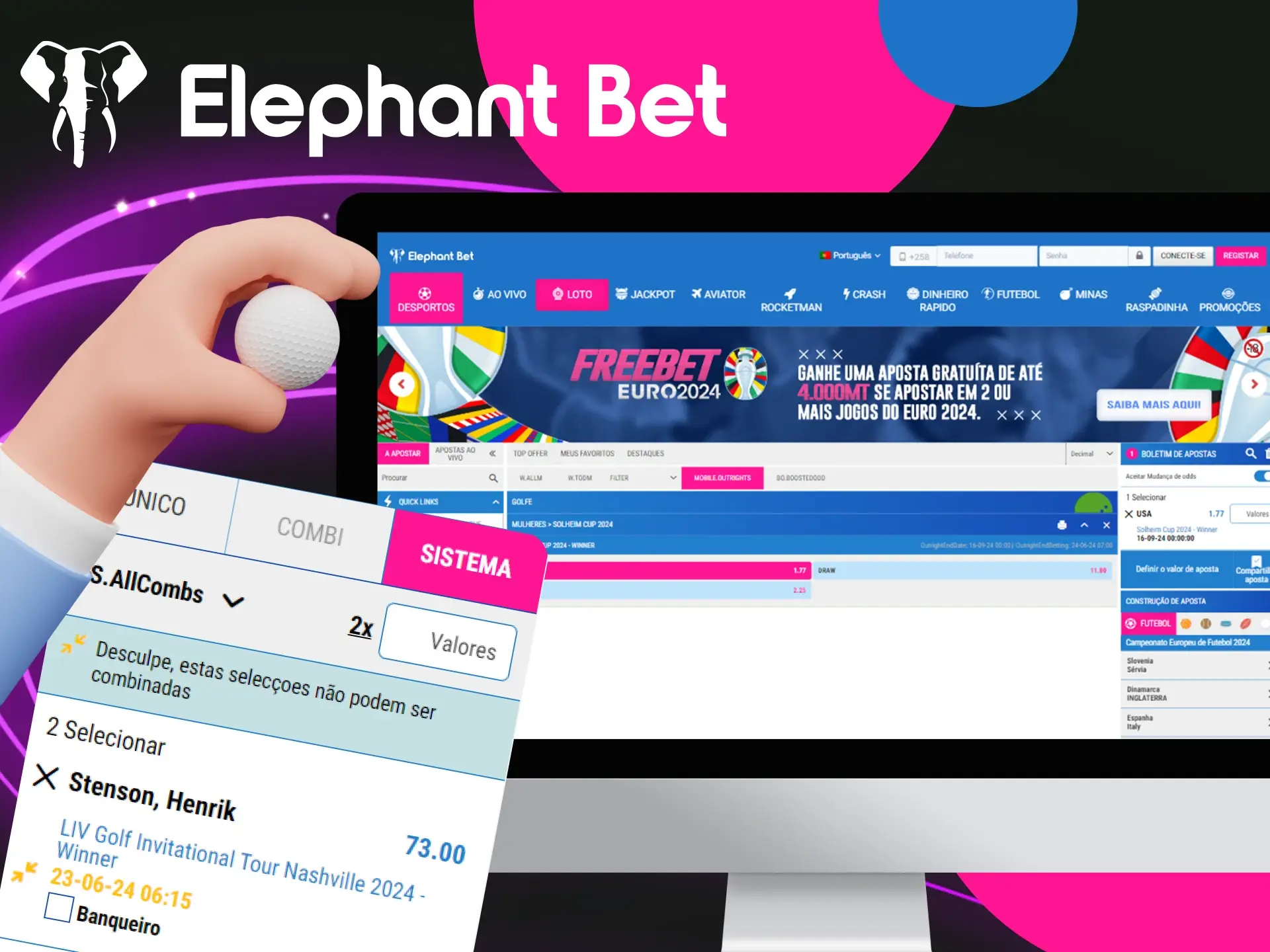 Que tipos de apostas de golfe estao disponiveis no casino online Elephant Bet.