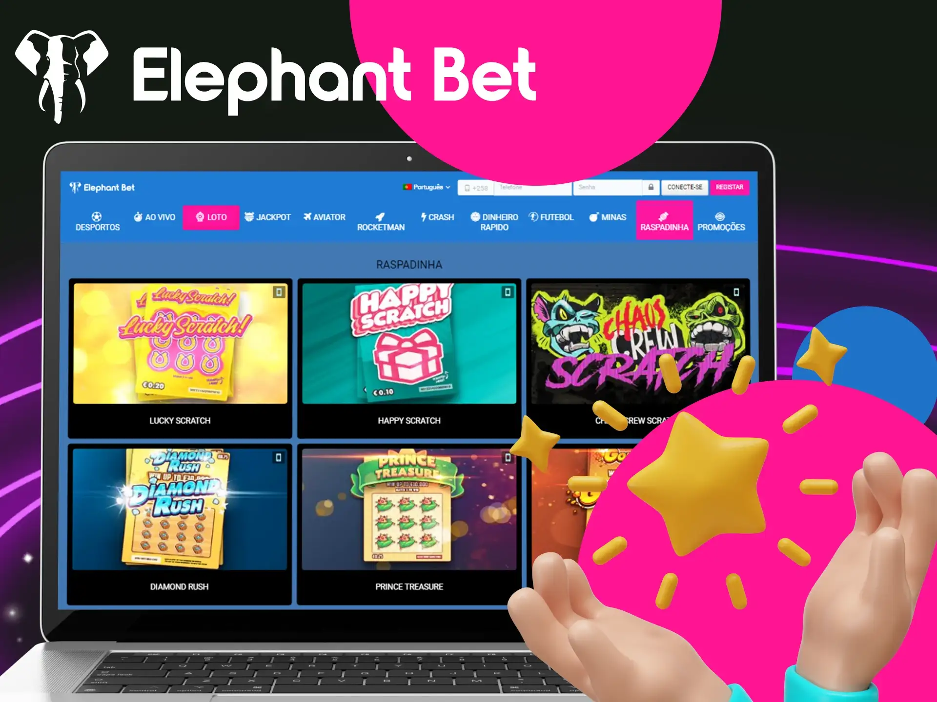 Instrucoes para jogadores sobre como jogar jogos Raspadinha no casino online Elephant Bet.