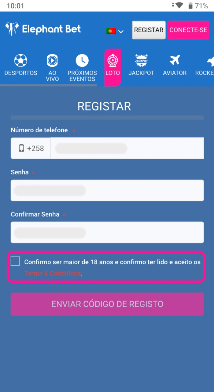 Confirme que tem 18 anos de idade quando se registar na Elephant Bet Moçambique.