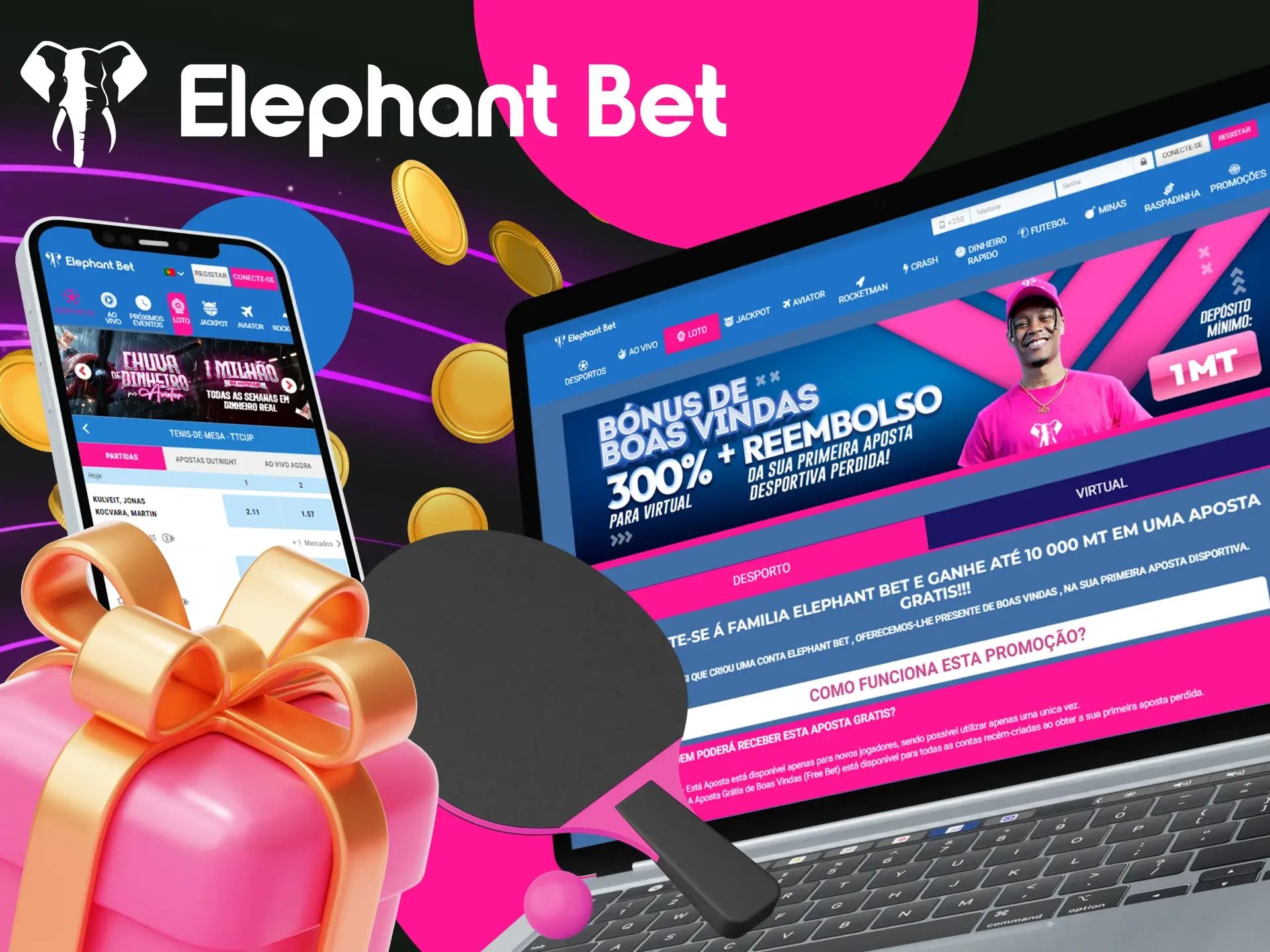 Existem bonus para apostas em tenis de mesa no cassino online Elephant Bet.