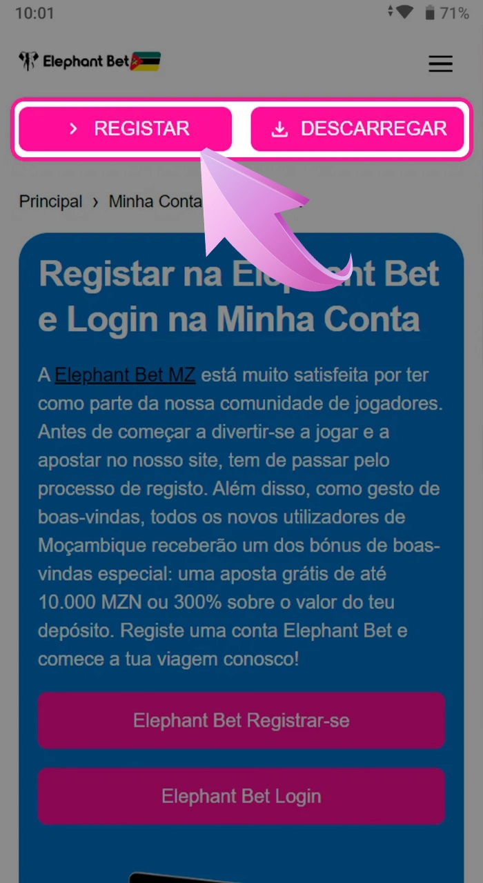 Encontre e clique no botão REGISTRAR-SE no topo da página do site da Elephant Bet.