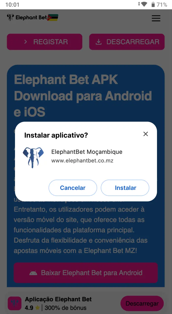 Encontre e clique no botão rosa com um link para baixar o arquivo APK Elephant Bet no Android.