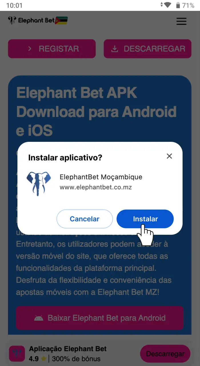 Depois de baixar o arquivo APK do Elephant Bet para Android, você precisa confirmar sua intenção de instalar o aplicativo no seu dispositivo.