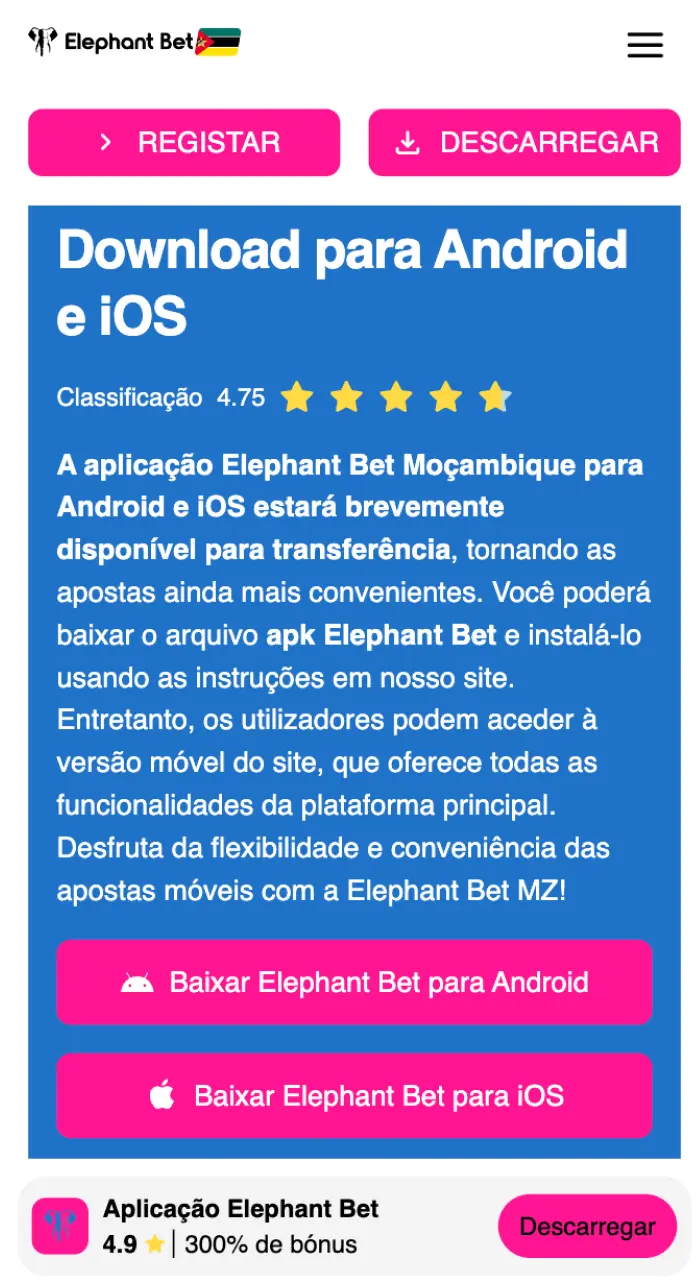 Abra a página inicial da Elephant Bet MZ no seu telemóvel iOS.