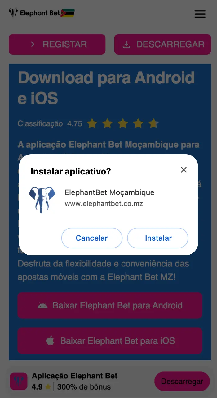 Na página APPs, procure o botão cor-de-rosa com o ícone iOS para começar a download a Elephant Bet app.