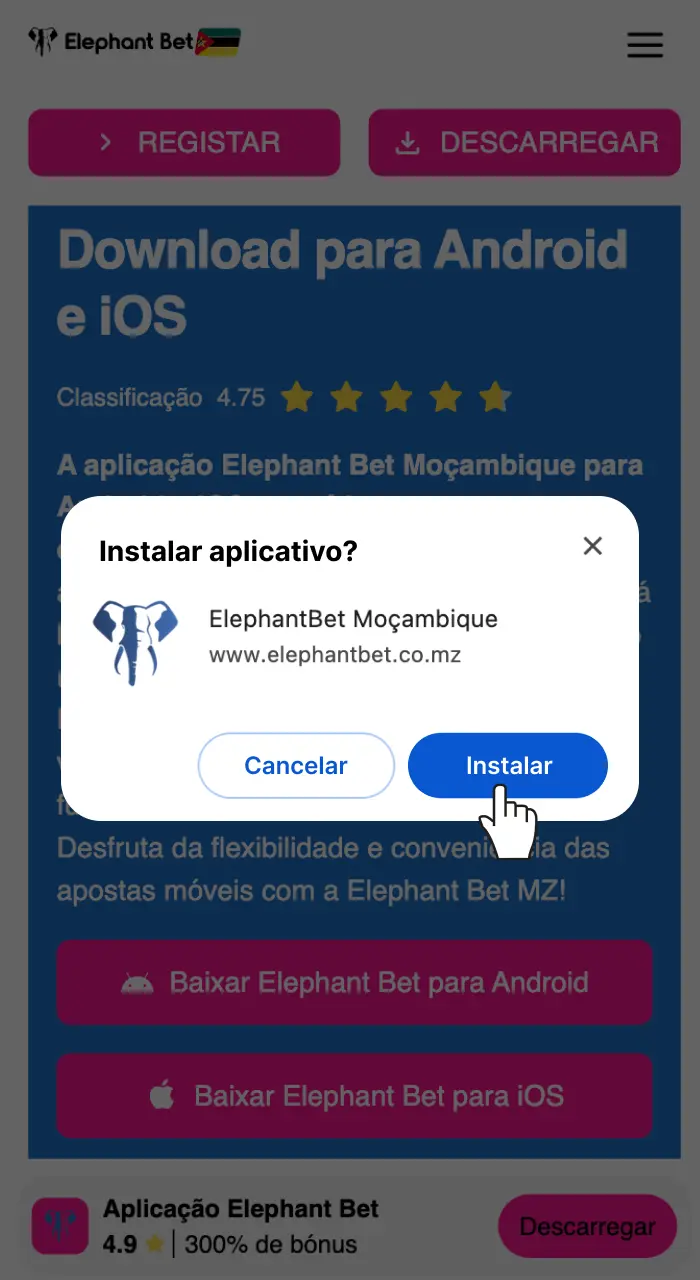 Confirme a instalação da app Elephant Bet iOS depois de a descarregar no seu telemóvel.