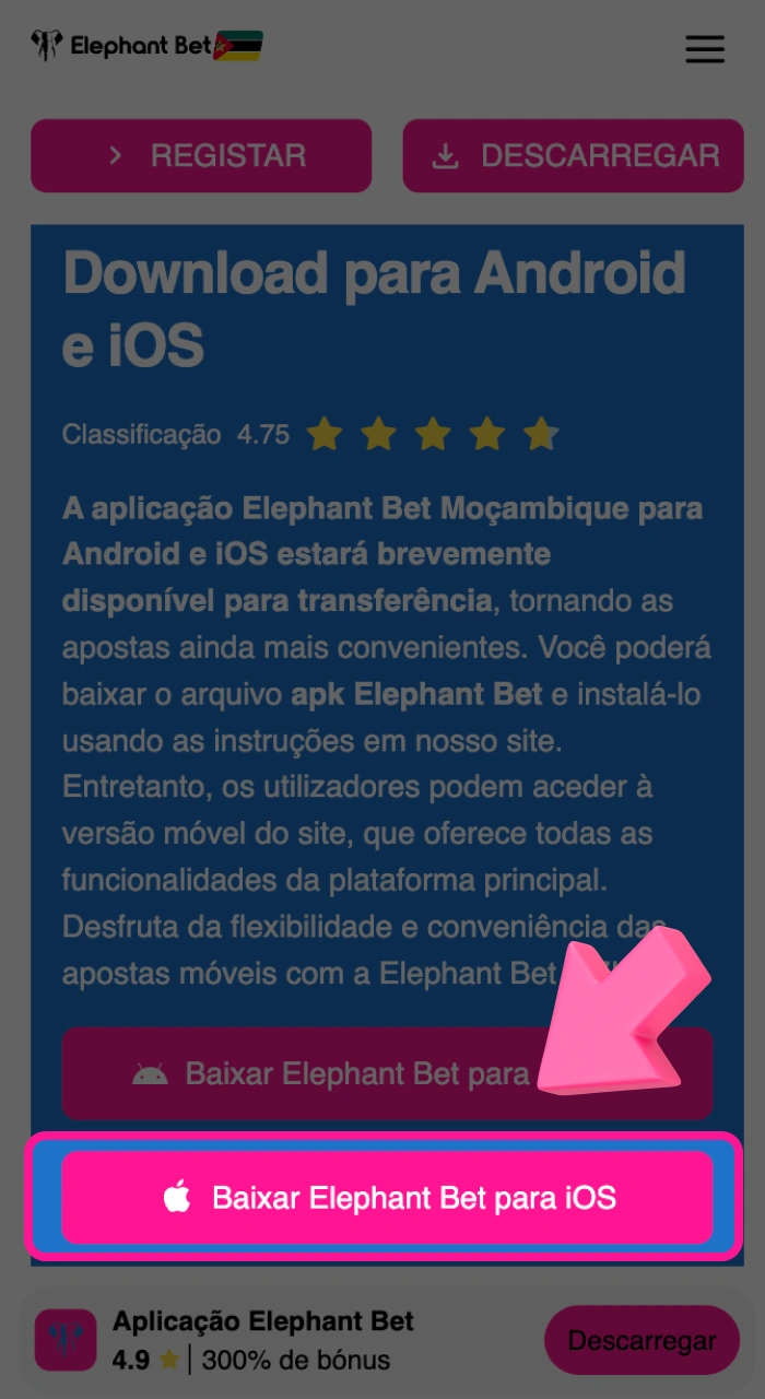 Abra a página inicial da Elephant Bet MZ no seu telemóvel iOS.