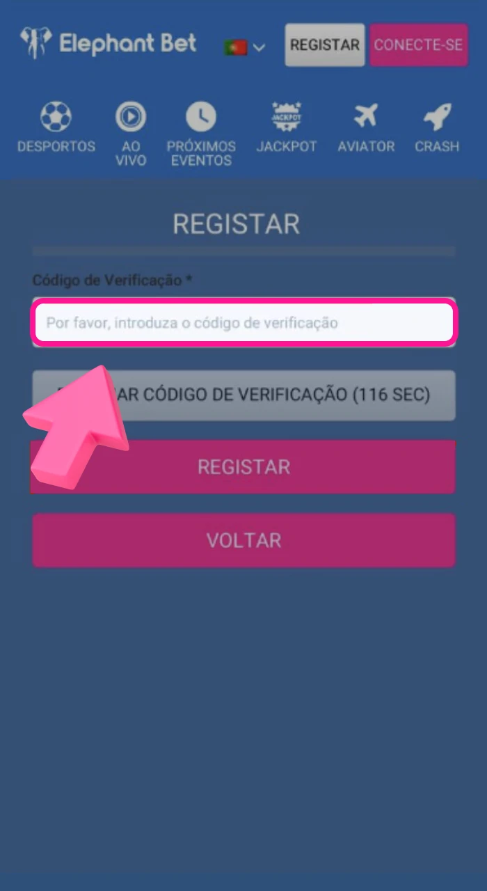 Como receberei um código de verificação para registo no site do casino online Elephant Bet.