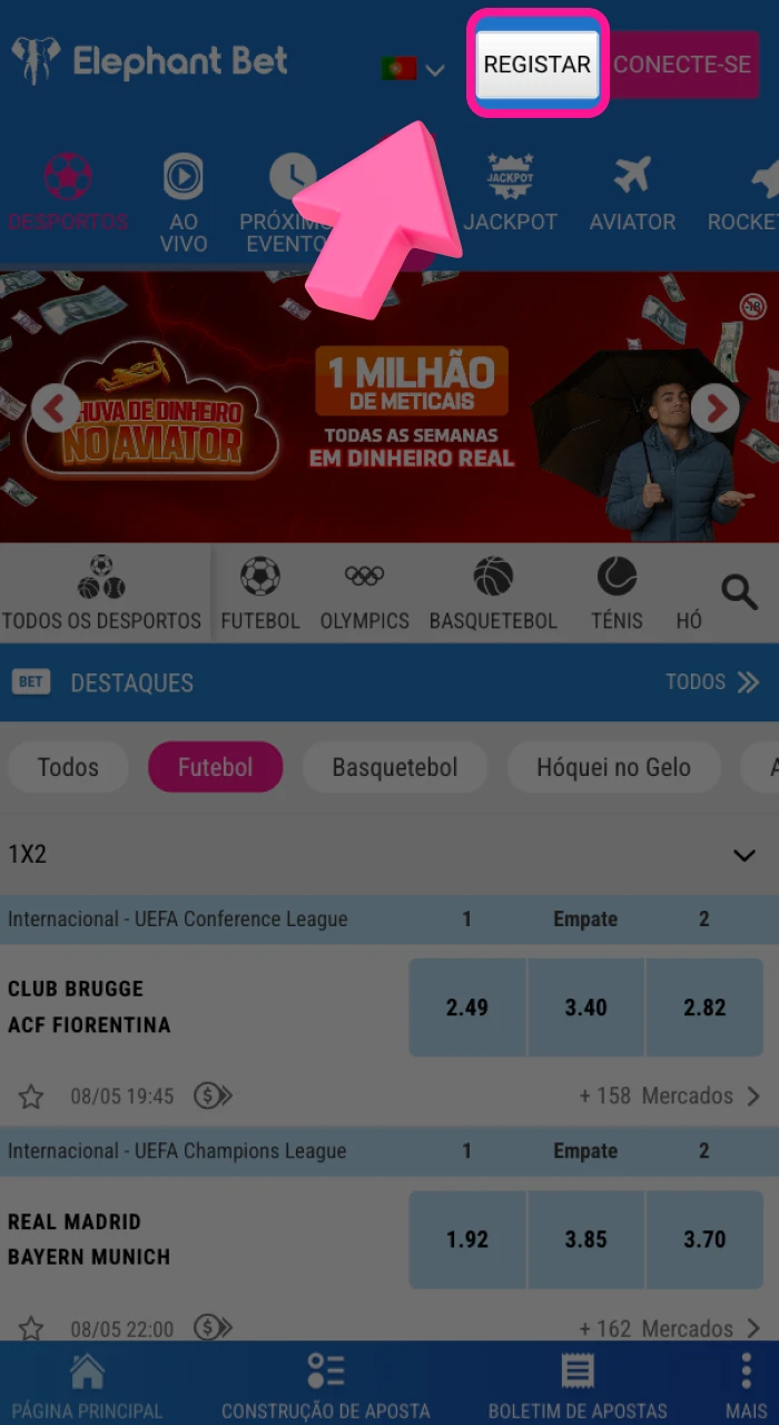 Onde posso encontrar o botão de registo no site do casino online Elephant Bet.